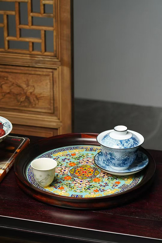 大紅酸枝琺瑯彩圓盤