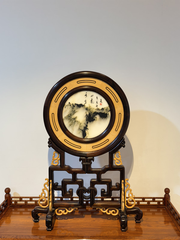 大紅酸枝黃楊圓臺(tái)屏